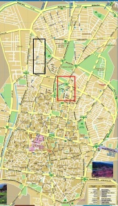 نقشه قزوین ـ محله هادی آباد با کادر مشکی و محلات مرفه نشین همجوار با کادر قرمز مشخص شده است.